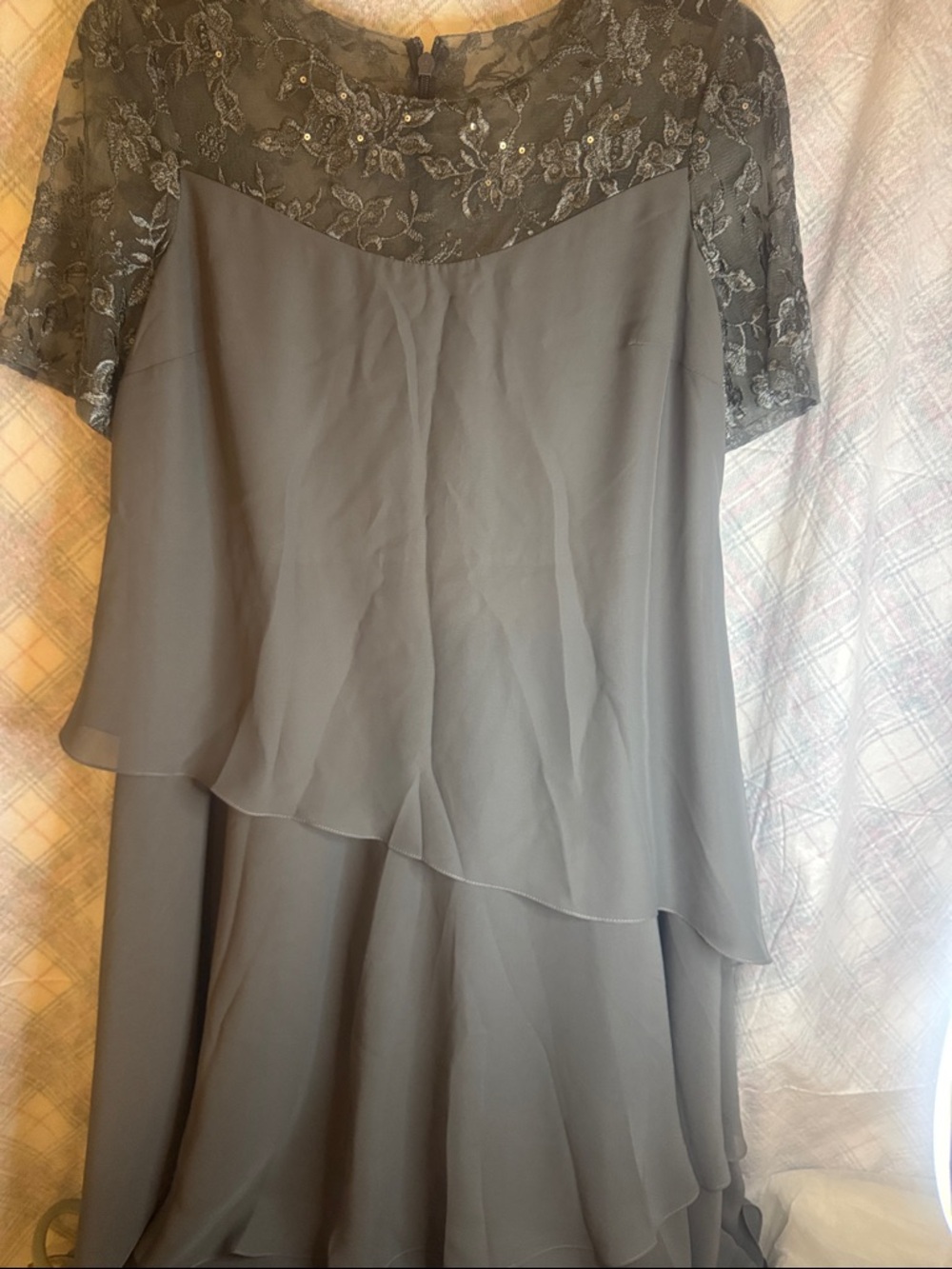 JJs House Gray Chiffon Layered Midi Dress with Lace Yoke